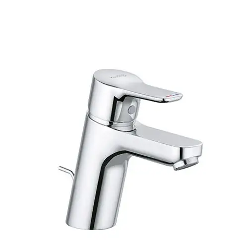 Chromfarbener Wasserhahn von Kludi mit jeweils einem Hebel für die Temperaturregulierung und einen weiteren Hebel für den Ablauf. Modernes Design und kompakte Bauweise.